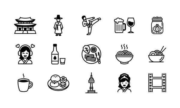 15 Korea themed line icons. Includes Gyeongbokgung, hanbok scholar, taekwondo, beer and wine, kimchi, k-pop girl, soju, korean bbq, noodles, coffee, tteok rice cake, N Seoul Tower, hanbok and k-drama 