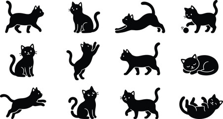Black cat silhouettes, feline icons, kitty graphics, vector illustrations © Rifat
