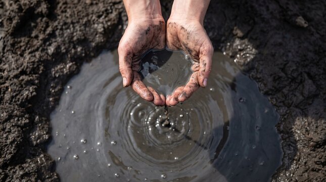 Woman hands holding dirty water in a muddy puddle. Concept of water pollution, lack of clean resource. Scarcity of fresh drinking supply in underdeveloped regions.