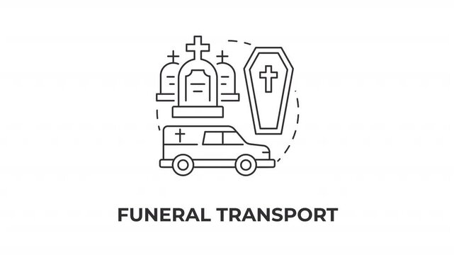 Funeral transport line concept icon animation. Modern mortuary service solutions. Professional end of life industry. Animated outline round motion graphic. Minimal HD video with alpha channel
