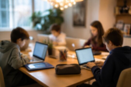 Group of children using laptops for school work in a modern bright dining room