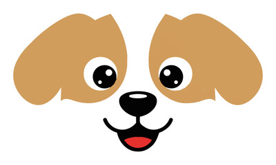 Fototapeta premium A cheerful cartoon puppy dog head with rounded ears and a friendly smile, designed in a simple flat style, isolated on white, for a playful pet character