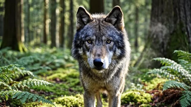 Gray wolf walking through forest habitat.