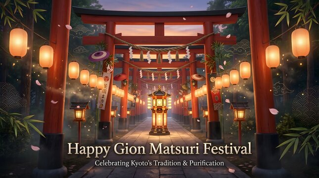 Traditional japanese torii gate path decorated with glowing lanterns for gion matsuri festival