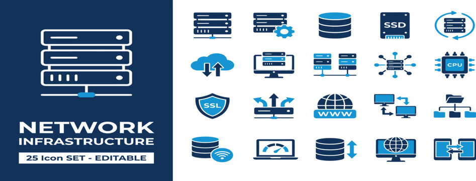 Network Infrastructure Icons Set Vector Collection &ndash; Server, Cloud Computing and Data Center Technology Symbols