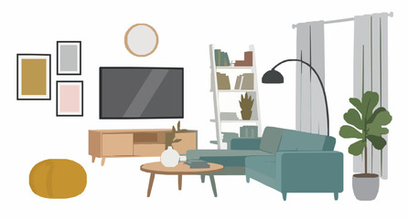 Fototapeta premium Minimalist Family Living Room Interior Vector Flat Illustration with Contemporary Home Furniture Set