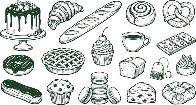 Hand drawn bakery vector set with cake croissant baguette pie cupcake donut macaron bread pretzel coffee and sweet desserts line art icons
