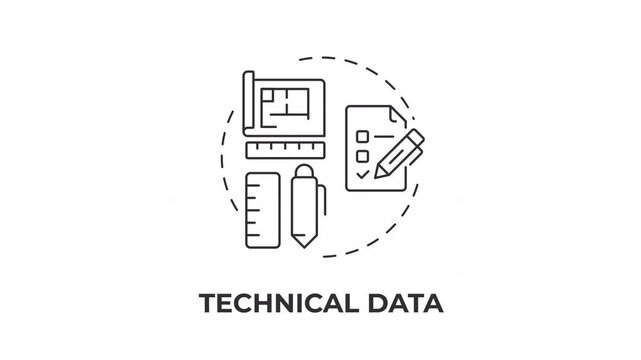 Technical data line concept icon animation. Documentation specification standard. Architectural structural planning. Animated outline round motion graphic. Minimal HD video with alpha channel
