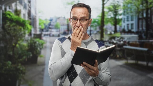 Man holding book with hand over mouth, wearing glasses and argyle sweater, standing on a tree lined street by canal cafes; surprise curiosity.