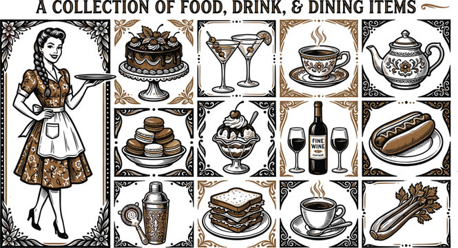 Vintage retro food and drink vector illustration set with waitress cake cocktail wine tea sandwich hotdog and classic dessert icons