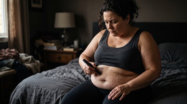 Person Applying GLP-1 Weight Loss Injection Pen to Abdomen, Healthcare, Wellness and Obesity Treatment.