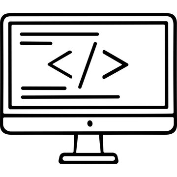 Computer monitor showing software development code icon.