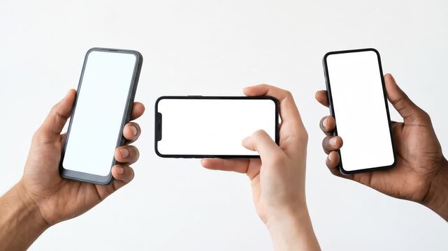 Diverse hands holding three smartphones with blank white screens on white background