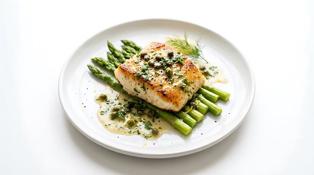 A succulent pan-seared white fish fillet served with fresh asparagus and caper sauce