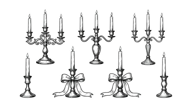 Elegant vintage candelabra and single candle holders, a collection of hand-drawn antique candle stands, perfect for classic decor and historical illustrations, vector set.