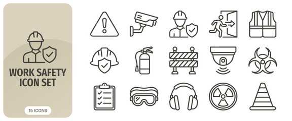 Fototapeta premium Work safety icon set, construction and industrial safety vector line icons, workplace hazard prevention, personal protective equipment, security and emergency signs