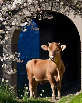 A copper takin calf genetic hybrid fantasy animal, fictional species  in a spring blossom archway