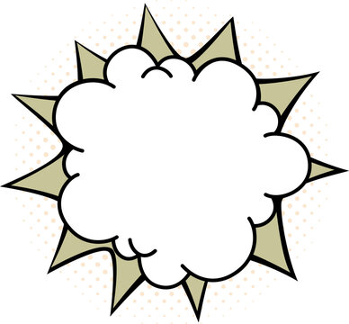 Comic starburst frame with soft cloud shape, bold black outline and muted olive spikes over beige halftone dots. Retro pop art sticker style vector for sale badges, promo labels and comic layouts