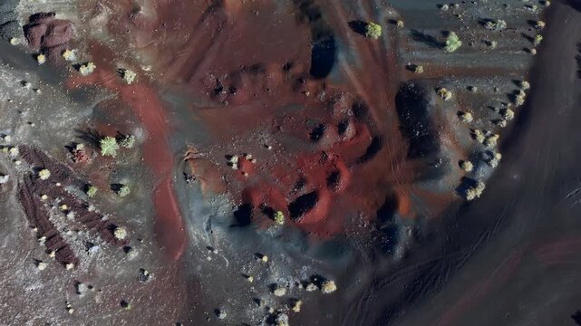 An aerial top-down drone shot pulling up to reveal abstract volcanic textures, red iron oxide soil, and dark basalt ash fields with sparse desert vegetation in El Pinacate Biosphere Reserve, Mexico.