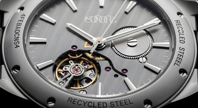 Close-up of a Luxury Mechanical Watch with Tourbillon Movement and Recycled Steel Case.
