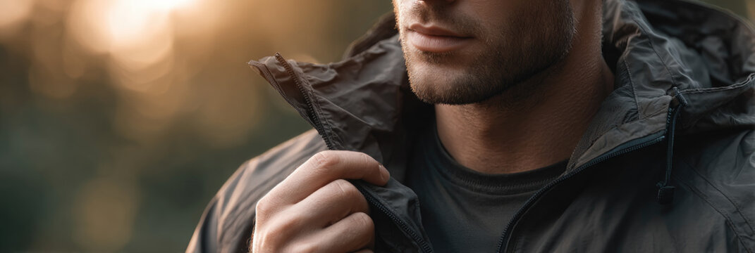 Person adjusting an adaptive jacket, highlighting inclusive design features and accessible clothing for ease of dressing and independent living, focusing on comfort and style