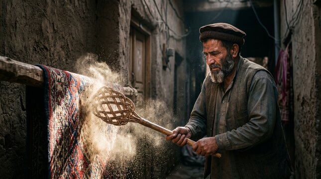 Pashtun Rug Cleaner Beating Traditional Carpet In Sunlit Historic Alley