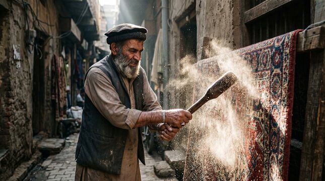 Pashtun Rug Cleaner Beating Traditional Carpet In Sunlit Historic Alley
