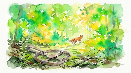 Fototapeta premium Watercolor of a fox fleeing a metal trap in a green forest. Represents freedom and survival. Suitable for nature or animal rights content.