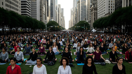 Fototapeta premium Massive crowd of urban citizens blocking a city street avenue between high rise skyscrapers to practice collective yoga and meditation community wellness in the modern city concept