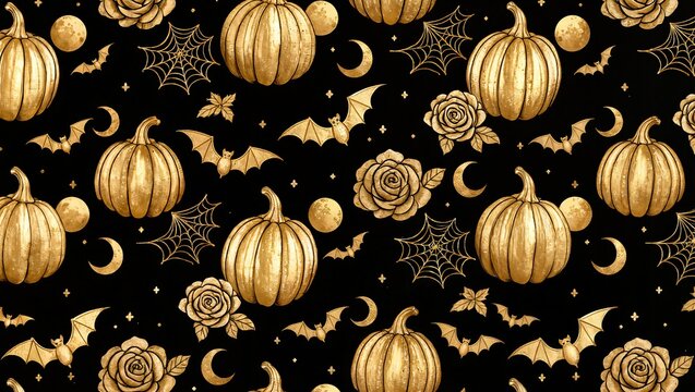 Halloween Pumpkins and Roses Pattern Background