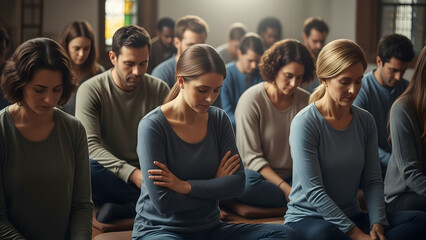 Fototapeta premium A medium shot of a diverse group of focused people sitting together indoors listening attentively or contemplating during a deep spiritual seminar, seminar workshop, or wellness talk.