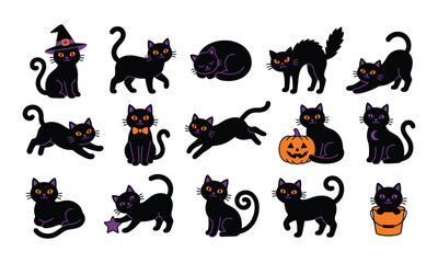 Naklejka premium Cute Halloween Black Cat Cartoon Vector Set