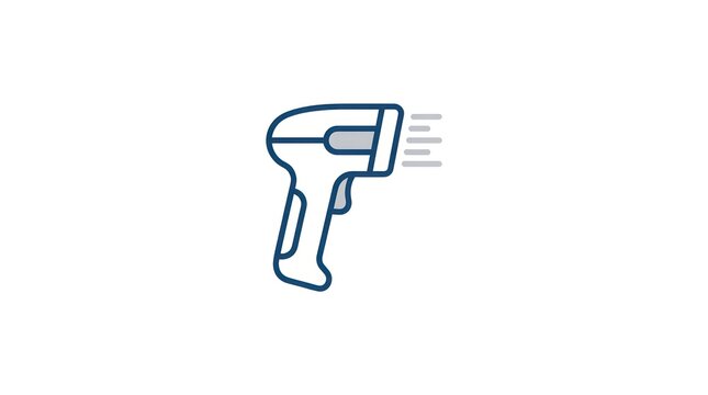 Modern minimalist line art icon of a handheld barcode scanner with digital scan rays