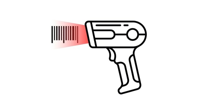 Modern handheld barcode scanner icon with red laser light capturing product data for retail and
