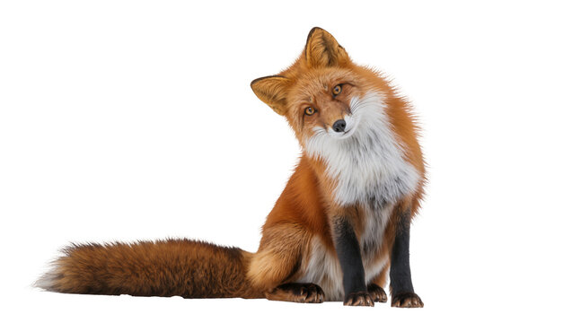 Red fox with fluffy tail and white chest sitting