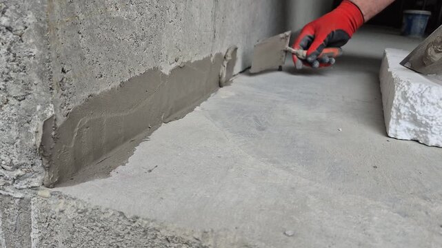 Slow motion video of applying waterproof cement mortar to the lower part of a concrete wall using a spatula at a construction site