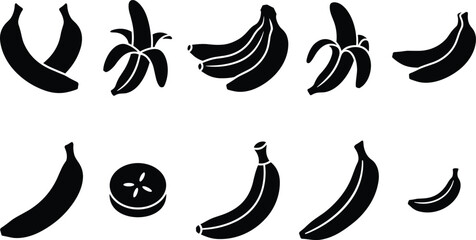 Fresh banana fruit black silhouette icons collection featuring single bananas sweet tropical bunches peeled slices skin peels and organic healthy food symbols  © MstMonjila