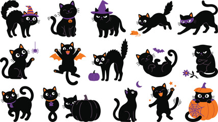 Obraz premium Halloween black cat collection with witch hats and pumpkins halloween creature