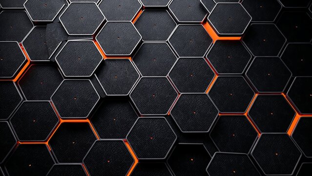 Black and orange hexagonal pattern with glowing lines and dots