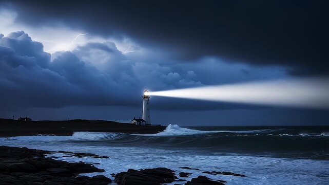 Coastal beacon light beam shining across ocean at night under dramatic clouds