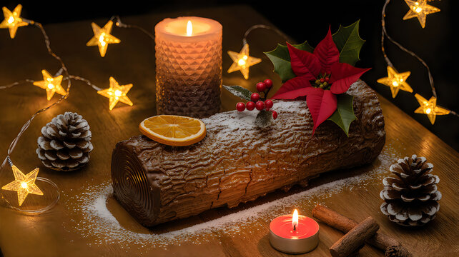 Delicious chocolate yule log cake with christmas decorations and candles on a wooden table