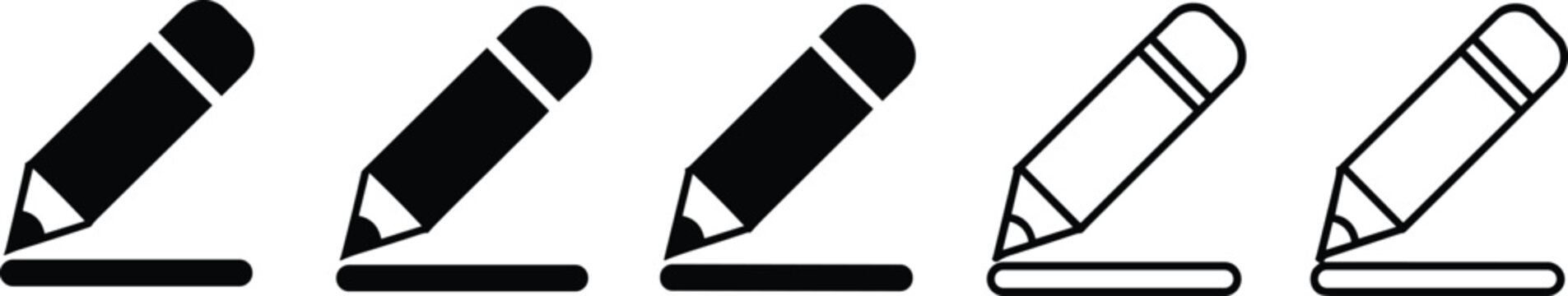 Minimalist edit pencil vector icon collection with black line style and filled silhouette shapes for school registration online forms interface