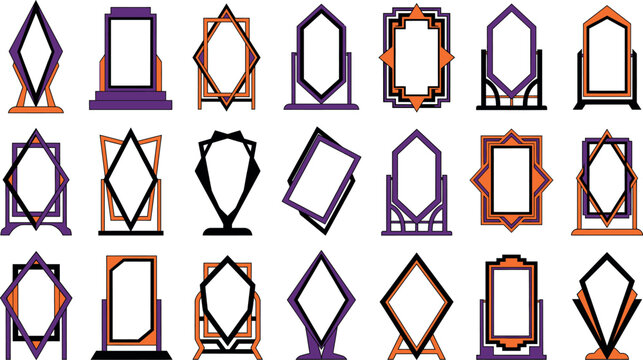 Art deco geometric patterns collection orange and purple Halloween designs