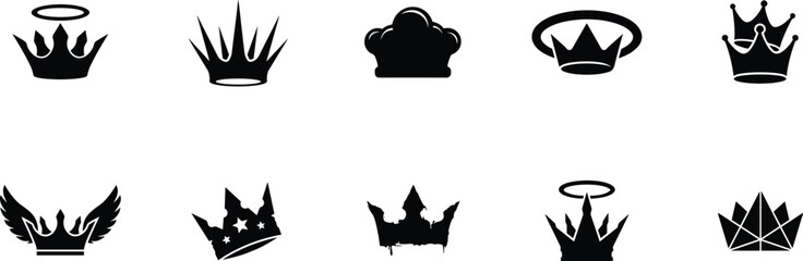 Royal crowns and graffiti street art tiaras black silhouette icons collection featuring angel wings majestic halos geometric peaks stars and classic king or queen symbols  © MstMonjila