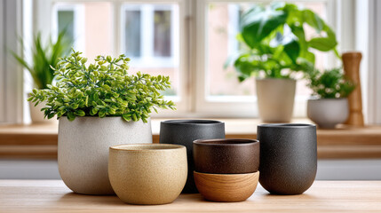Fototapeta premium Collection of handcrafted ceramic stoneware and wooden bowls featuring a minimalist earthy color palette, creating a serene and natural home decor display