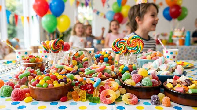 Colorful candy buffet at birthday party.