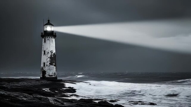 Towering coastal beacon emitting bright light beam across dark stormy ocean waves