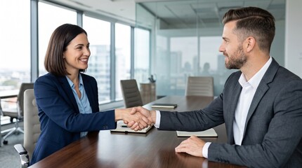 Obraz premium Successful business partners shaking hands after successful corporate meeting in modern office boardroom. Smiling executive colleagues concluding contract agreement, deal and partnership.