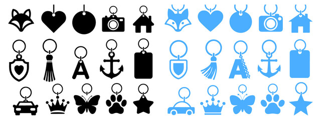 Collection of black and blue silhouette keychain charms with animals hearts houses cameras anchors and more © MOHAMMADTORIQUL