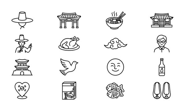 16 Korea themed line icons. gat hat, palace gate, hanok house, korean noodles, scholar, fried chicken, cloud, student, pagoda, dove, hahoe mask, soju bottle, korea heart pin, pepero snack, fish, shoes